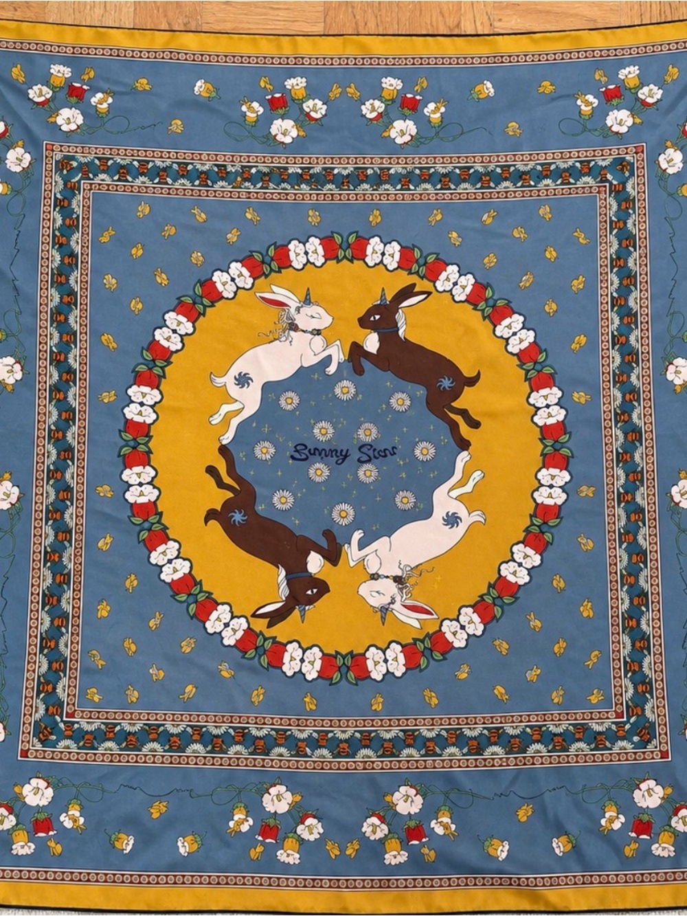 100 % silk Circle Scarf in Blue and Mustard